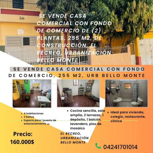 En venta casa comercial, 255 m2, calle Coromoto el recreo, bello monte 